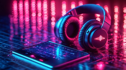 Fototapeta premium Music banner. Mobile smartphone screen with music application, sound headphones. Audio voice with radio beats on neon gradient background. Broadcast media music banner with copy space
