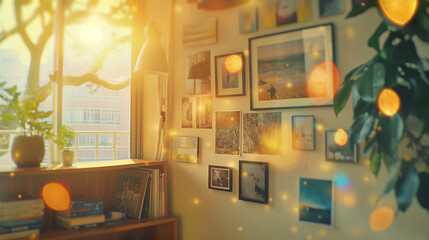 A vision board in a clean, modern room, with images and symbols of success