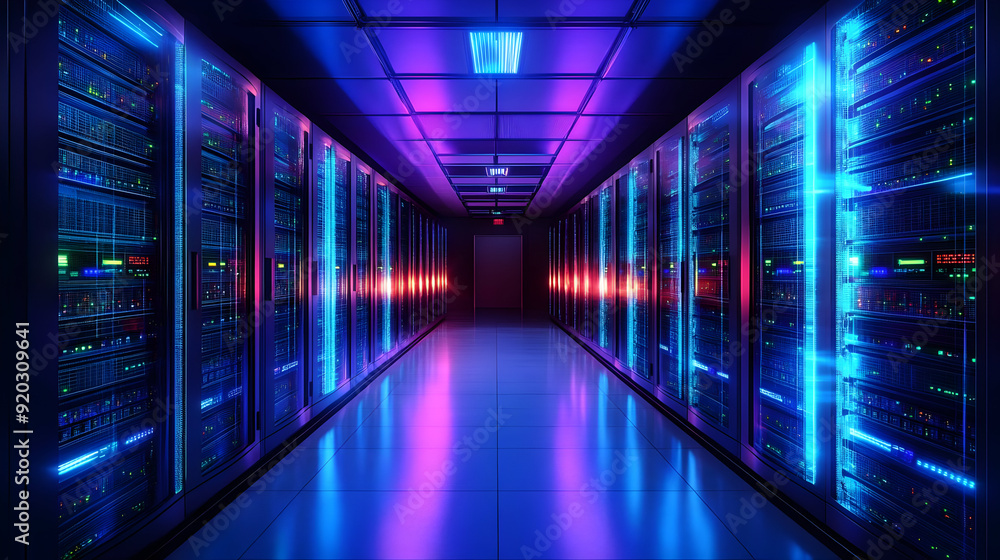 Poster a futuristic server room with glowing lights and rows of data servers.
