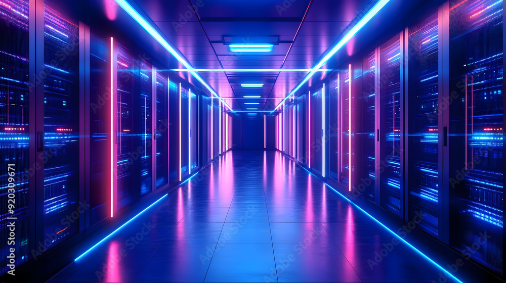 Poster a futuristic server room illuminated with neon lights, showcasing technology and data storage.