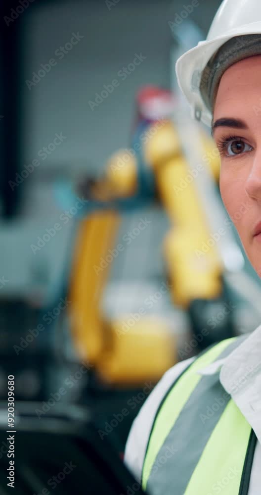 Poster engineer, woman and tablet for robotics at factory of machine research, inspection or automation saf