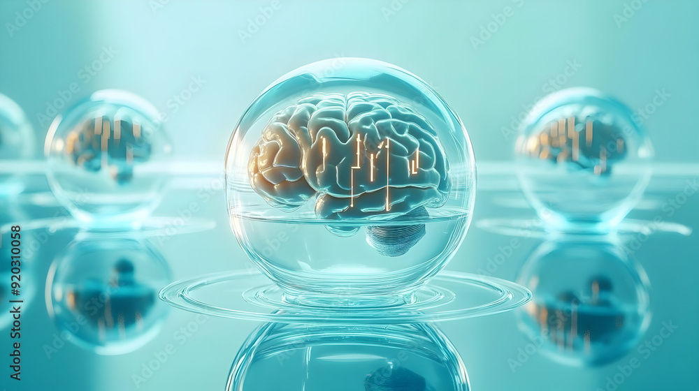 Poster a futuristic representation of a brain encased in a transparent sphere, symbolizing knowledge.