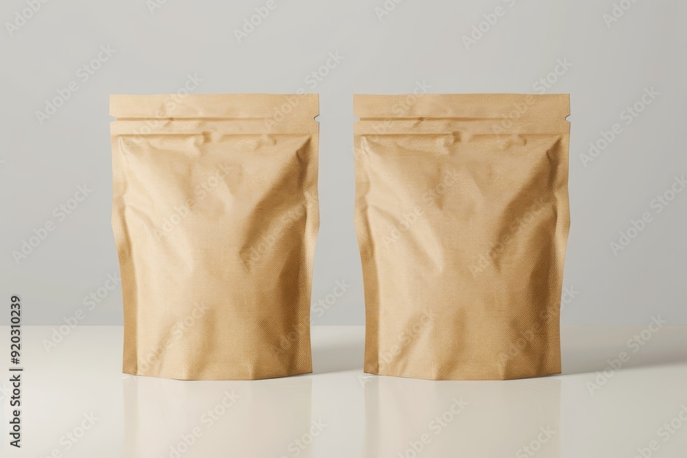 Wall mural These versatile brown kraft paper pouch mockups are ideal for showcasing items like food or coffee, perfect for branding and packaging presentations that leave a lasting impression