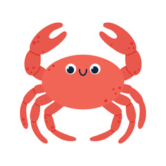 Kawaii red crab with smiling face, raised claws, cheerful expression. Sea animal. Cartoon vector illustration