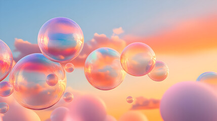 A dreamy scene featuring colorful bubbles floating against a sunset sky with soft clouds.