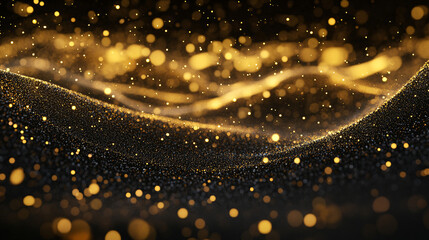 Naklejka premium golden particles and sprinkles for holiday. shiny golden lights. Defocused Golden Particles Glittery against Dark Background with Copy Space.