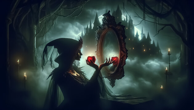 Halloween wallpaper with a witch holding a red apple in front of a magic mirror and her castle in the dark in the background