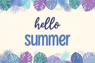 Banner with colourful hand drawn leaves. Hello Summer background. Vector illustration