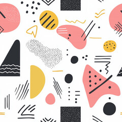 Abstract Geometric Pattern with Colorful Shapes and Lines on White Background