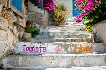 Graffiti with text 'Tourists go home' sprayed on white stairs as part of anti-tourism protests