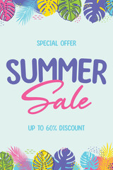 Colourful Summer Sale background with tropical leaves. Vector illustration