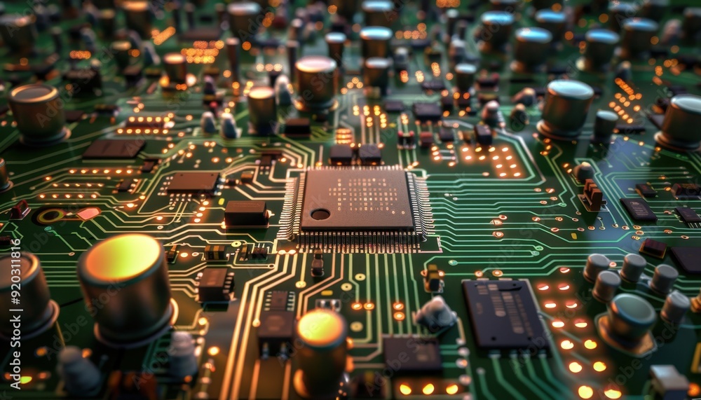 Poster close-up of a circuit board with microchips and glowing components illuminated at night