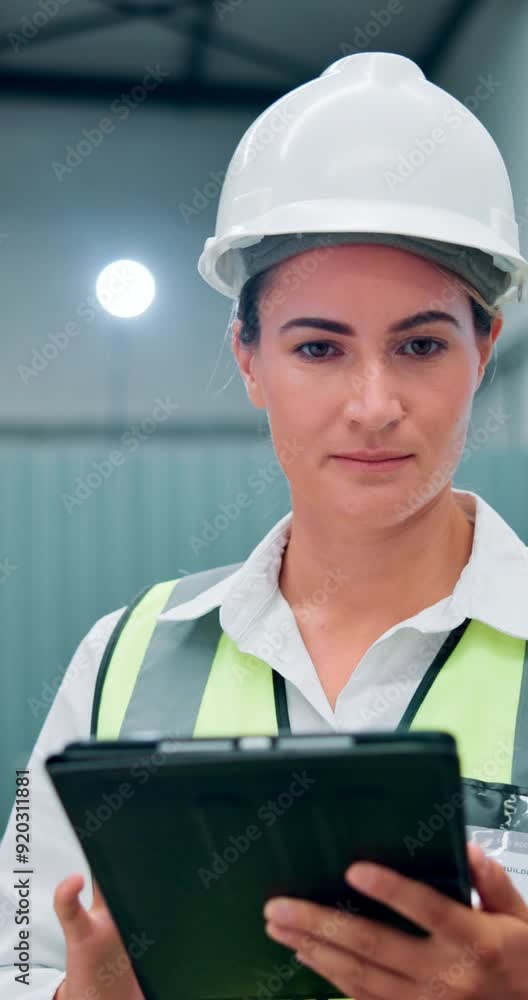 Poster woman, tablet and engineer for robotics at factory of machine research, inspection or automation saf