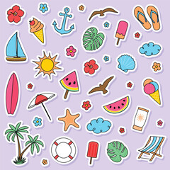 Colourful summer icon set. Hand drawn stickers. Vector illustration