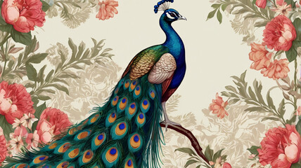 Peacock with scattered feathers in illustration