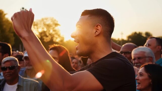 A person stands on a makeshift stage leading the crowd in a chant and encouraging them to keep up their energy and push for change.
