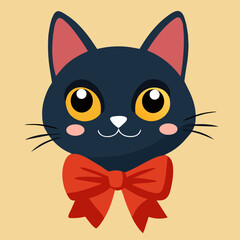 Obraz premium head cat blue yellow eyepinkears red bow white nose cream background