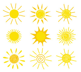 Hand drawn sun icon collection. Summer design. Vector illustration