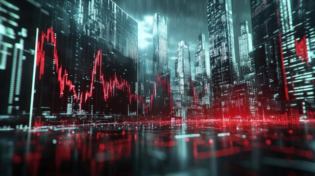 High-resolution 3D animation depicting an economic recession with declining market indicators and collapsing financial icons. The detailed graphics emphasize the drastic effects of the downturn,