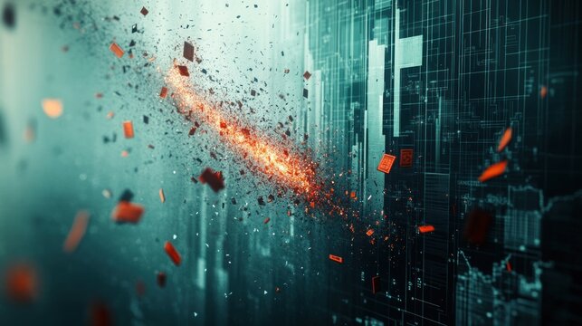 High-resolution 3D animation depicting an economic recession with declining market indicators and collapsing financial icons. The detailed graphics emphasize the drastic effects of the downturn,