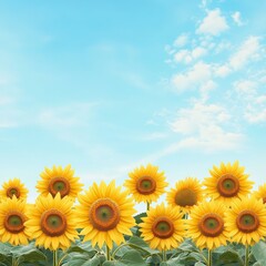 Fototapeta premium Vibrant sunflowers in full bloom under a bright blue sky with scattered clouds, capturing the essence of a sunny summer day in a picturesque field.