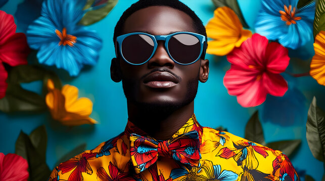 A stylish man in sunglasses poses against a vibrant floral backdrop.