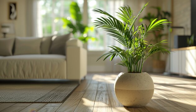 Indoor potted plant in a sunlit living room with modern decor and cozy seating
