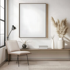 Aesthetic minimalist room interior design. Mockup picture frames. Mock up poster on the walls. Copy space. Scandi apartment for decoration. Neutral colors. Modern japandi style.
