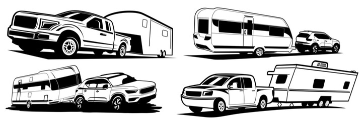 truck and trailer caravan illustration black and white design vector	 set