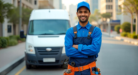 Confident Indian Repair Technician Standing by Service Vehicle Wearing a Toolbelt