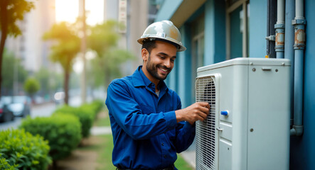 Professional Indian Technician Installing Air Conditioning Unit