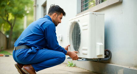 Professional Indian Technician Working on Air Conditioning Unit Outdoors