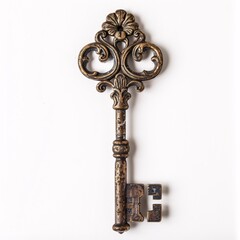 Intricately Designed Vintage Key on White Background - Retro Antique Object with Ornate Details for Locks and Security Concepts