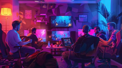 A group of gamers at a LAN (Local Area Network) party, playing multiplayer games together.