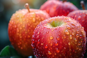 Macro shot of apple. Water drops on apple. Close up photo of apple.
