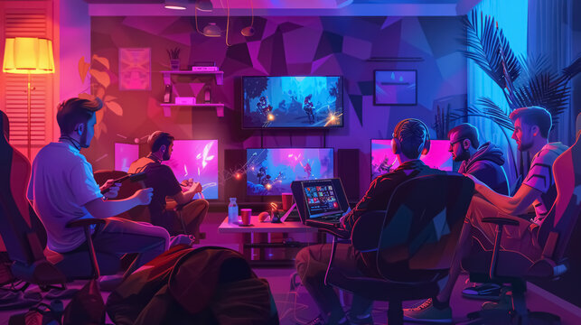 A group of gamers at a LAN (Local Area Network) party, playing multiplayer games together.