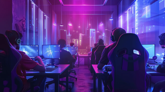 A group of gamers at a LAN (Local Area Network) party, playing multiplayer games together.