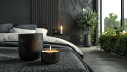 Cozy bedroom with black candles and modern decor in warm evening light