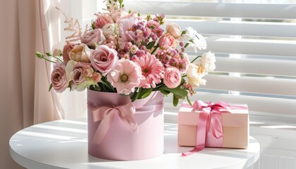 Beautiful pink floral arrangement in a round box near a gift on a table with sunlight