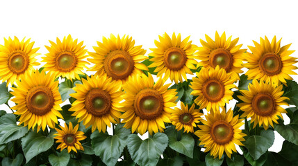 Fototapeta premium Sunflowers and green leaves for decoration of art frame wallpaper, card and banner on transparent background.