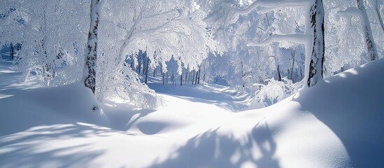 Obraz premium Snow-Covered Trees Cast Long Shadows in a Winter Forest