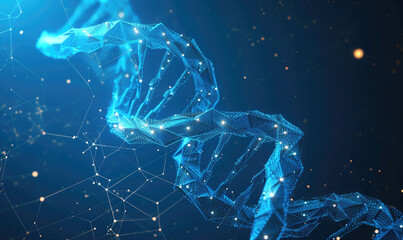 dna. abstract 3d polygonal wireframe dna molecule helix spiral on blue. medical science, genetic biotechnology, chemistry biology, gene cell concept