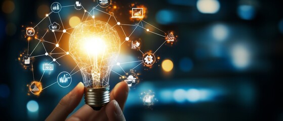 A hand holds a light bulb with a network of glowing icons surrounding it, representing new ideas and innovation.