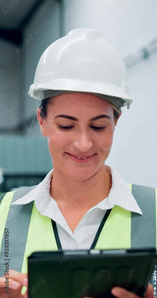 Poster face, woman and tablet for robotics at factory of machine research, inspection or automation safety.