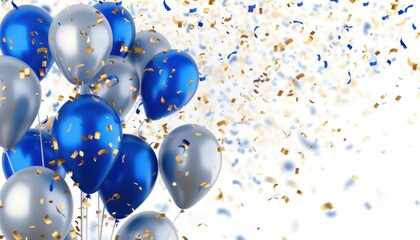 Colorful blue and silver balloons with confetti falling at a celebration or party
