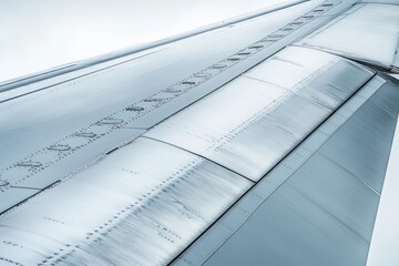 Close-up of an airplane wing design illustrating aerodynamic principles in reducing drag, High-resolution, detailed textures, crisp focus