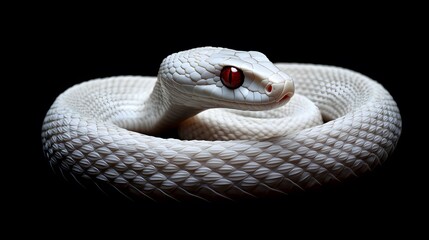 Fototapeta premium Albino Snake: An albino snake with pure white scales and striking red eyes, set against a dark background. 