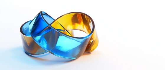Abstract blue and yellow glass sculpture in the shape of a figure eight.