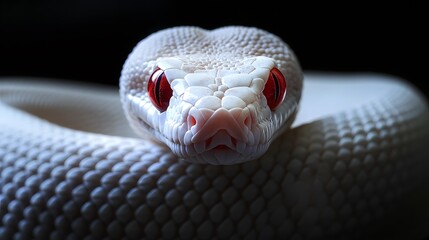 Fototapeta premium Albino Snake: An albino snake with pure white scales and striking red eyes, set against a dark background. 