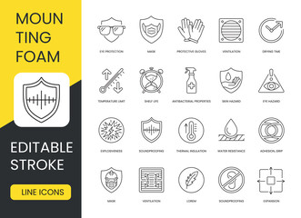 Expanding mounting foam vector line icon set with editable stroke, mounting foam and properties, drying time and ventilation, protective gloves and mask, eye protection and hazard, antibacterial